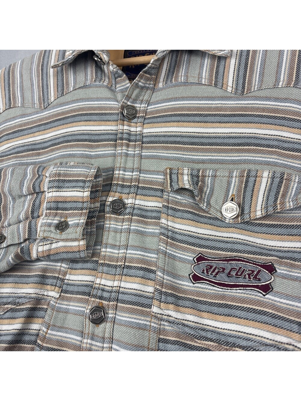 Vintage 90s Rip Curl Flannel Shirt Men's M/L Striped Green Long Sleeve Surf Y2K